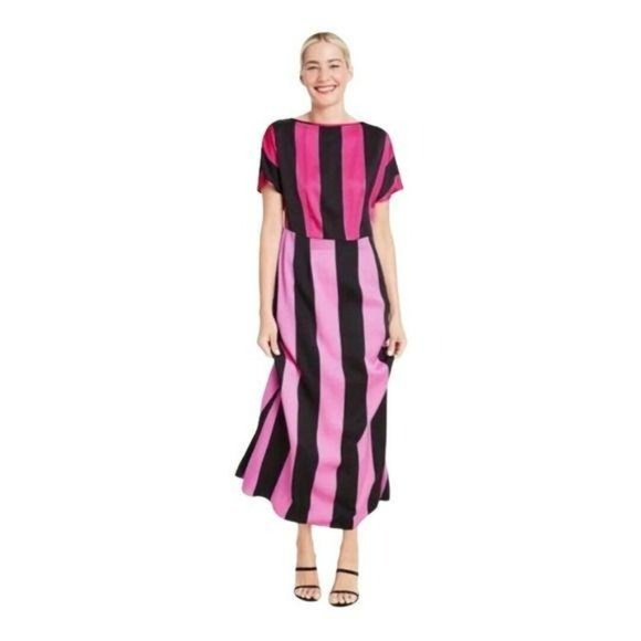 Christopher John Rogers for Target Pink/Black Striped Short Sleeve Maxi Dress - Picture 2 of 6